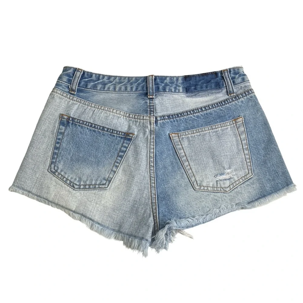 Superdown Distressed Daisy Duke Booty Shorts Womens 28 Button Fly Two Tone Denim